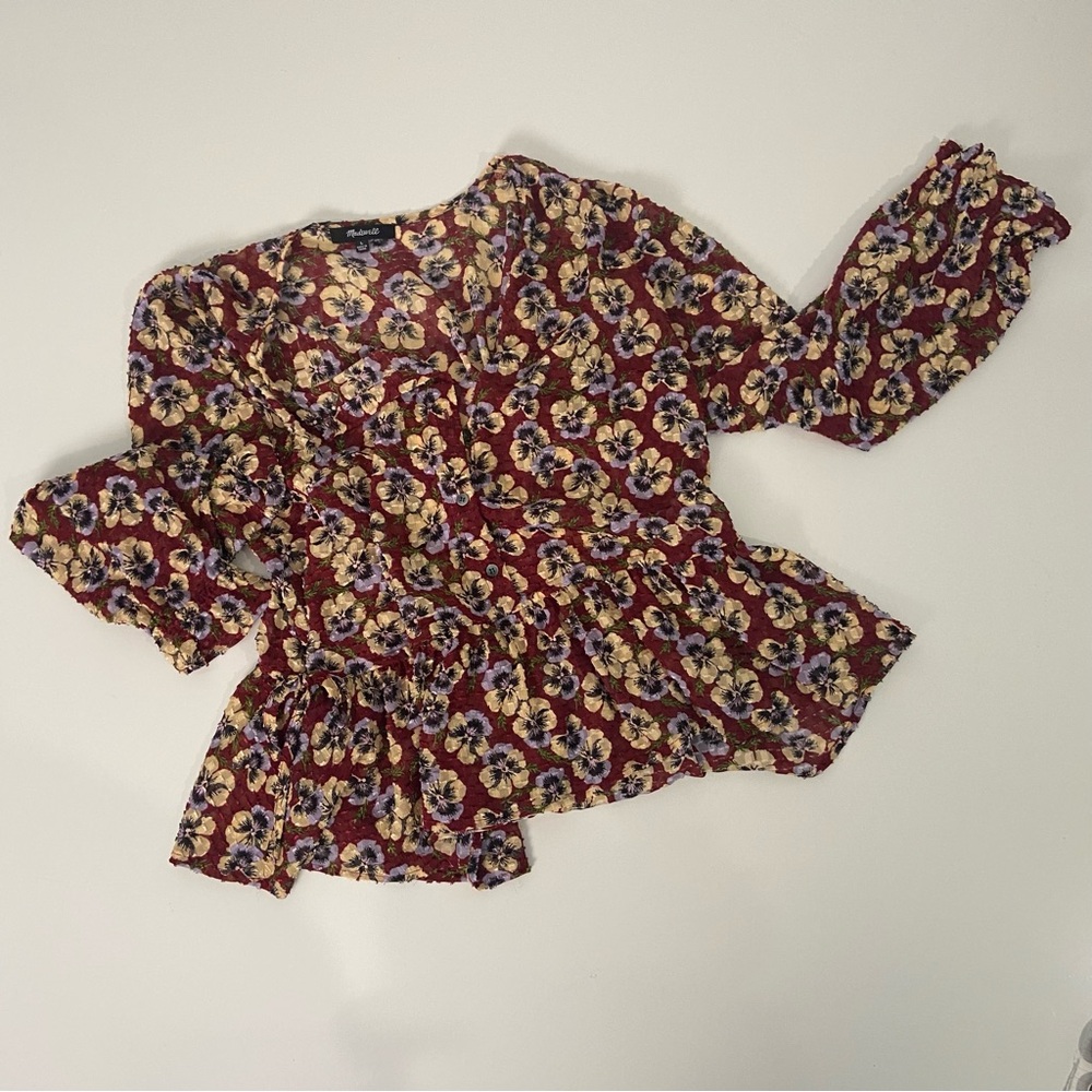Madewell Burgundy Floral Puff-Sleeve Blouse
